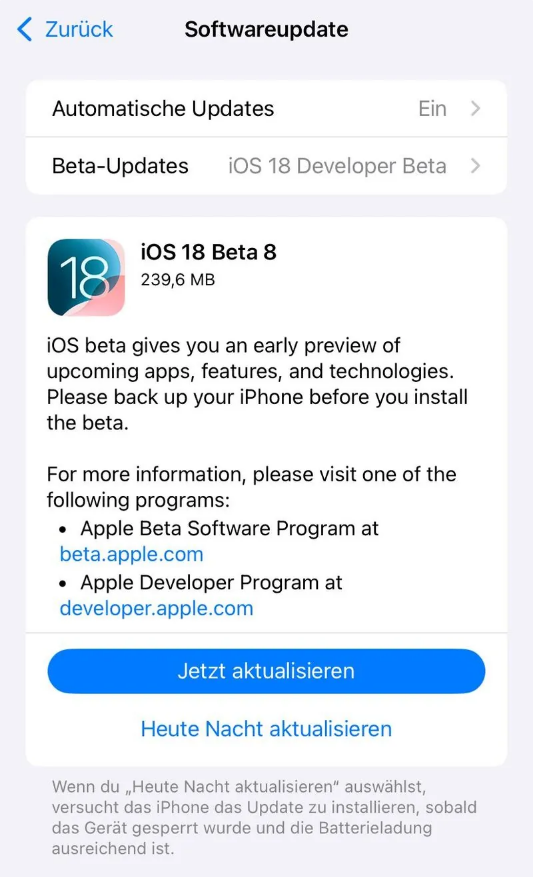 大竹苹果手机维修分享苹果 iOS / iPadOS 18 开发者预览版 Beta 8 发布 